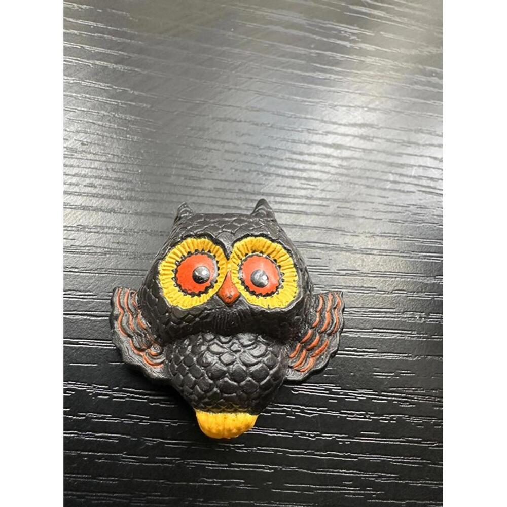Vintage Owl Brooch Pin Black Orange Yellow Retro Animal Jewelry